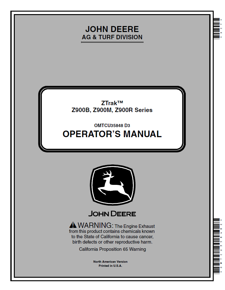 John Deere ZTrak Z900B/M/R Series Official Operator Manual (OMTCU35848)