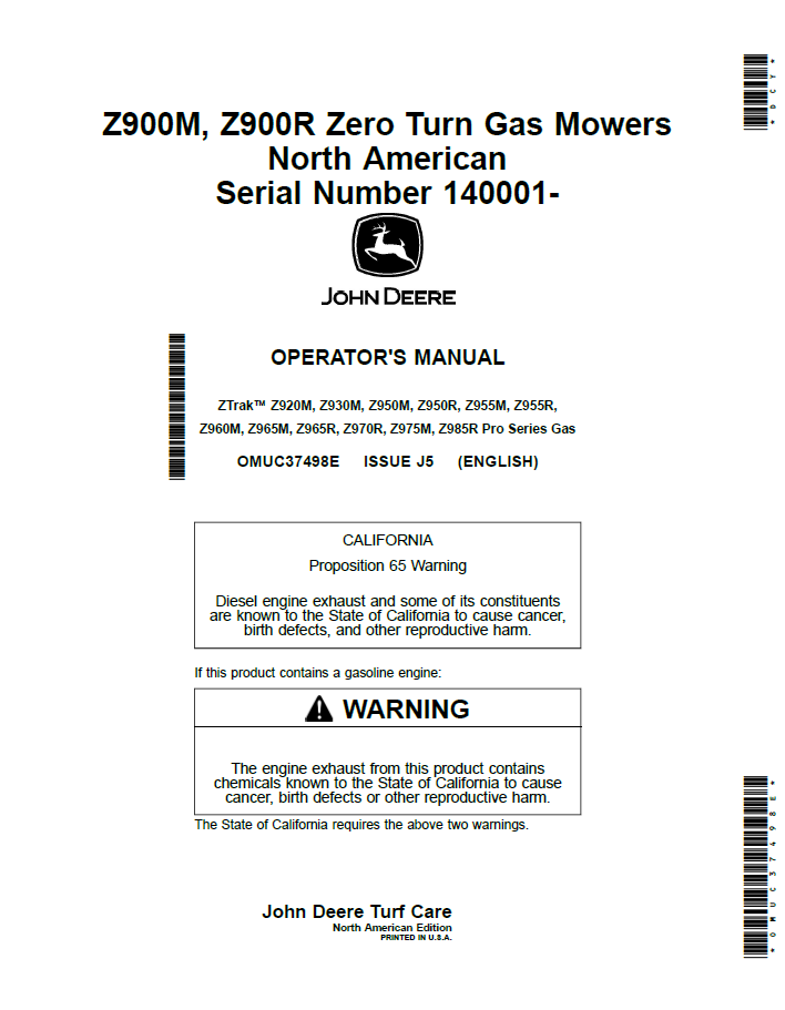 John Deere ZTrak Z900 Pro Series Operator Manual OMUC37498E