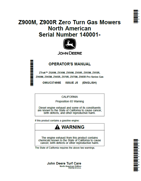 John Deere ZTrak Z900 Pro Series Operator Manual OMUC37498E