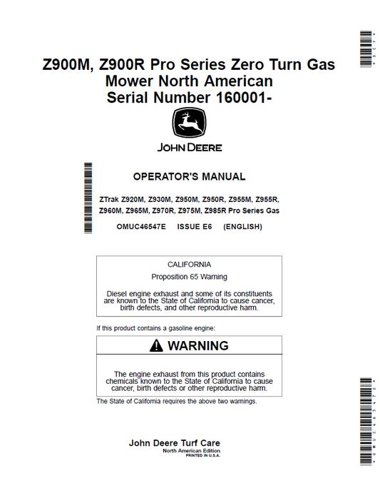 John Deere ZTrak Z900 Pro Series Operator Manual OMUC46547E