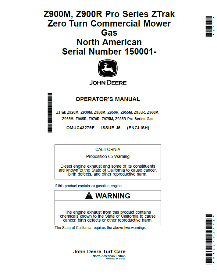 John Deere ZTrak Z900 Series Zero Turn Commercial Mower Service Manual Gas