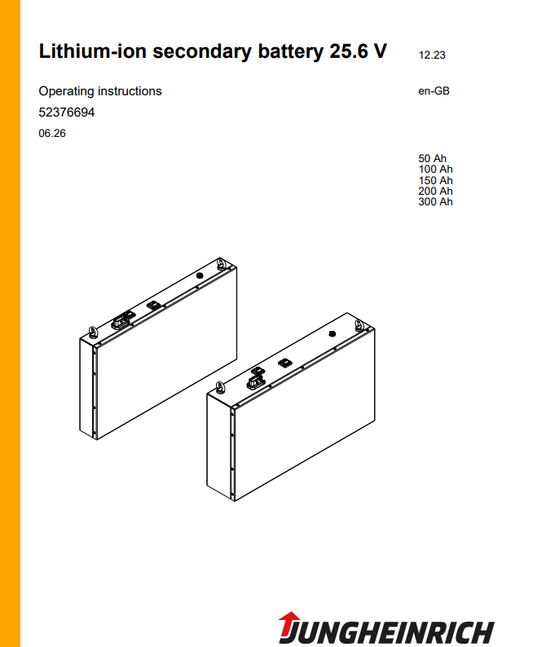 Jungheinrich 25.6V Lithium-Ion Secondary Battery 50Ah 100Ah 150Ah 200Ah 300Ah Operating Instructions Manual PDF