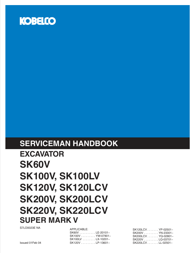 KOBELCO SK60V-SK220LCV Super Mark V Excavator Service Manual PDF