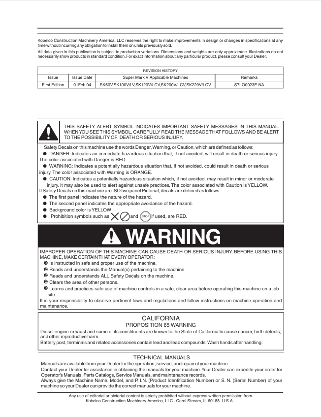 KOBELCO SK60V to SK220LCV Excavator Serviceman Handbook Manual PDF