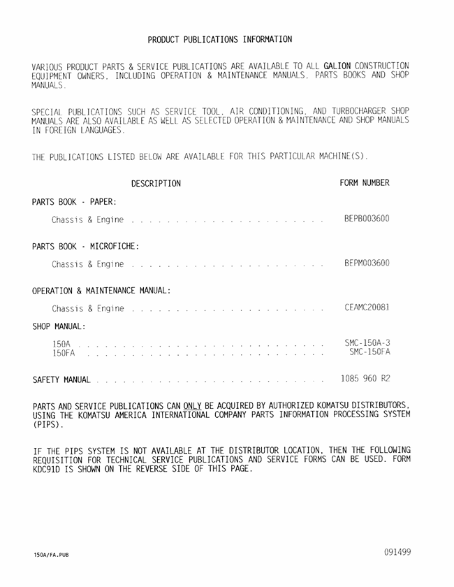 KOMATSU 150A, 150FA Crane Operation & Maintenance Service Manual