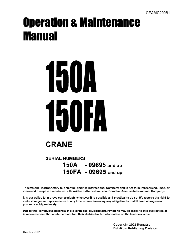 KOMATSU 150A, 150FA Crane Operation and Maintenance Manual PDF