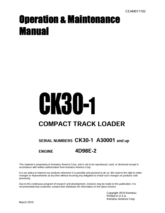 KOMATSU CK30-1 Compact Track Loader Operation & Maintenance Manual