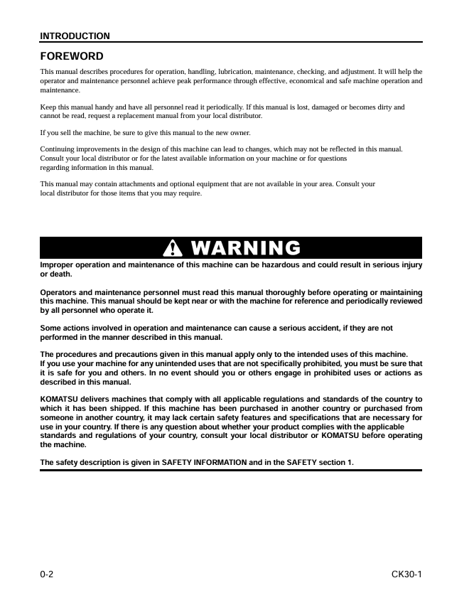 KOMATSU CK30-1 Compact Track Loader Operation Manual PDF