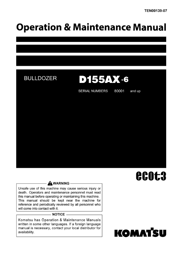 KOMATSU D155AX-6 Bulldozer Operation & Maintenance Manual PDF