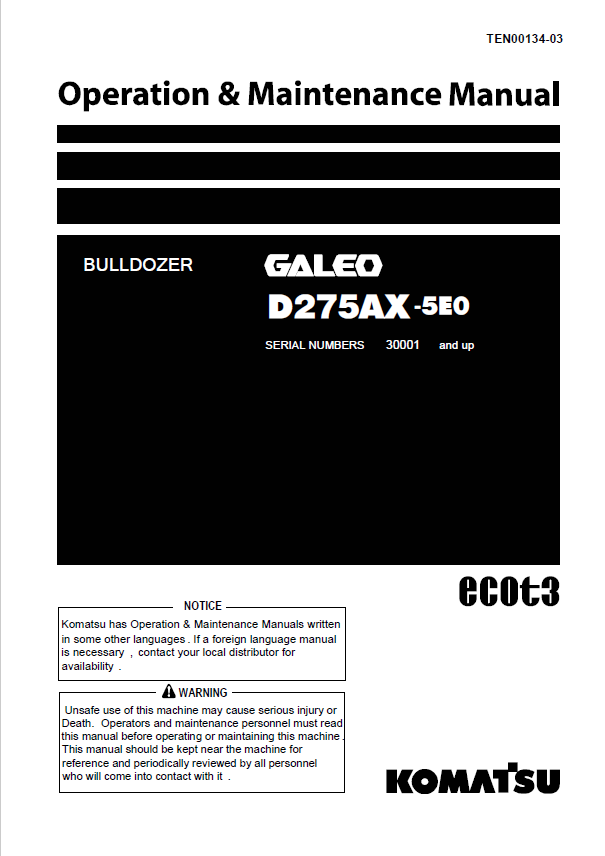 KOMATSU D275AX-5E0 Bulldozer Operation & Maintenance Manual PDF