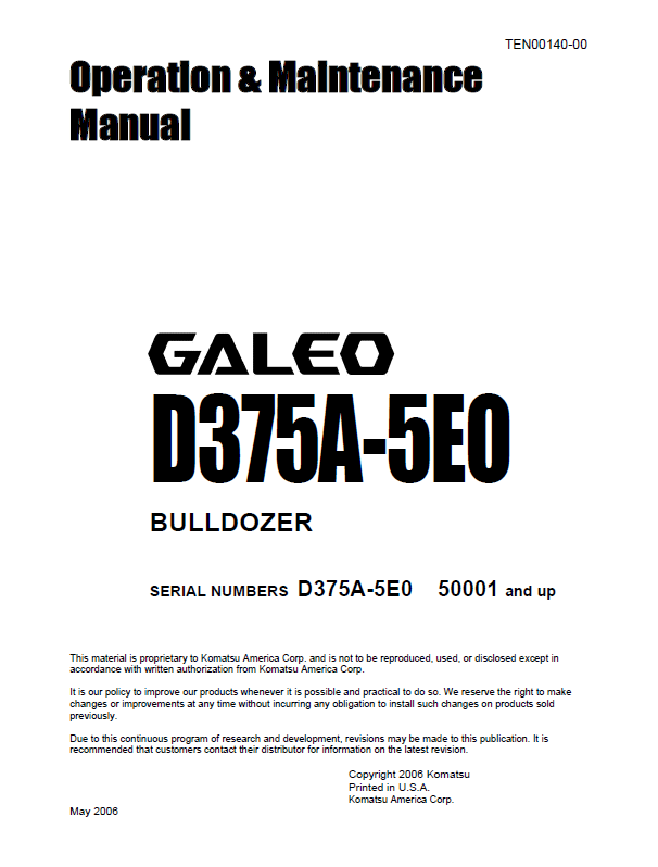 KOMATSU D375A-5EO Bulldozer Operation & Maintenance Manual PDF