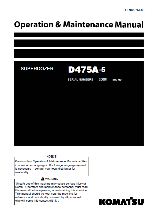 KOMATSU D475A-5 SUPERDOZER Operation & Maintenance Manual PDF