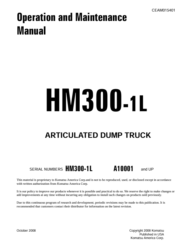KOMATSU HM300-1L Articulated Dump Truck Operation & Maintenance PDF
