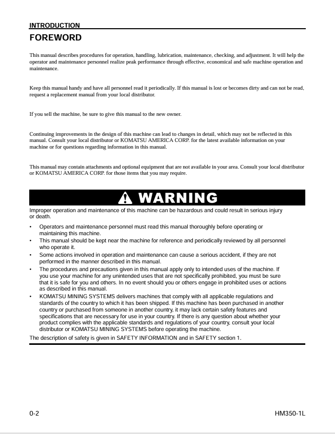 KOMATSU HM350-1L Operation and Maintenance Manual PDF Download
