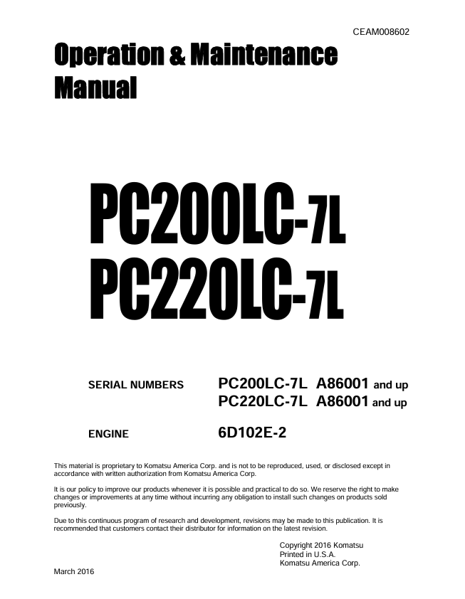 KOMATSU PC200LC-7L PC220LC-7L Operation & Maintenance Manual PDF