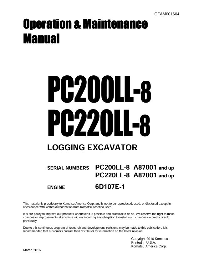 KOMATSU PC200LL-8, PC220LL-8 Logging Excavator Operation Manual PDF