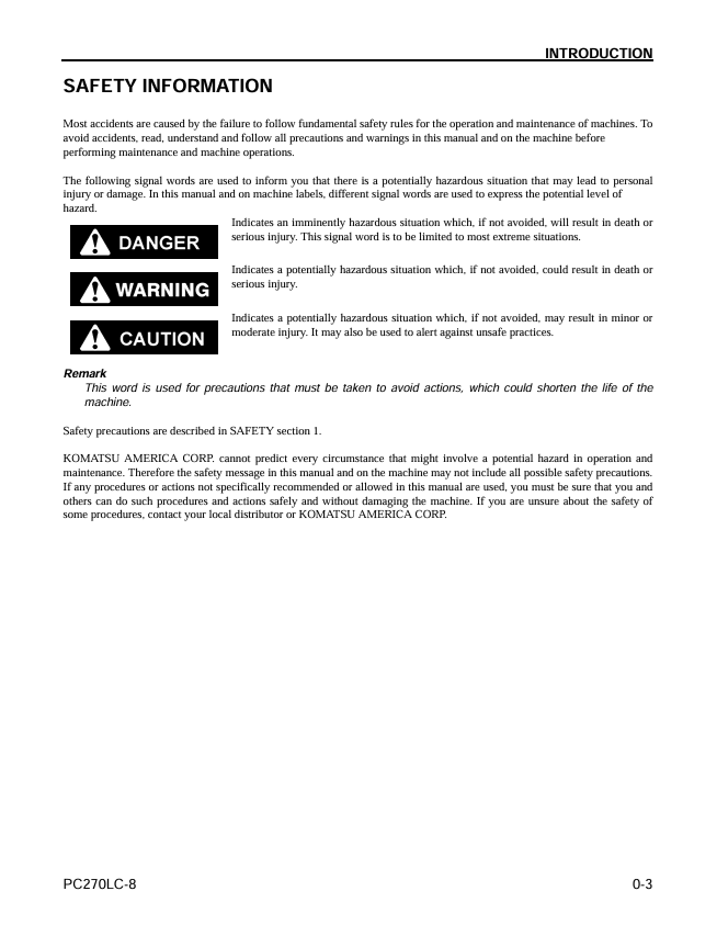 KOMATSU PC270LC-8 Excavator Operation & Maintenance Manual PDF