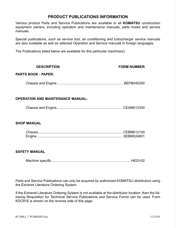 KOMATSU PC300LL-7L Hydraulic Excavator Manual PDF