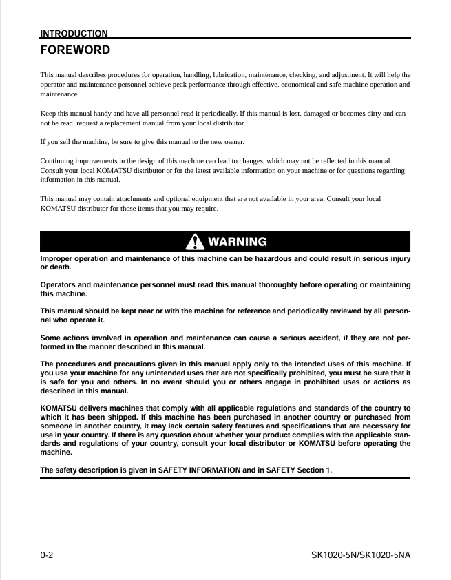 KOMATSU SK1020-5NA SK1020-5N Operation & Maintenance Manual
