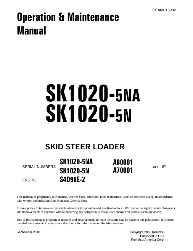 KOMATSU SK1020-5NA SK1020-5N Skid Steer Loader Manual PDF
