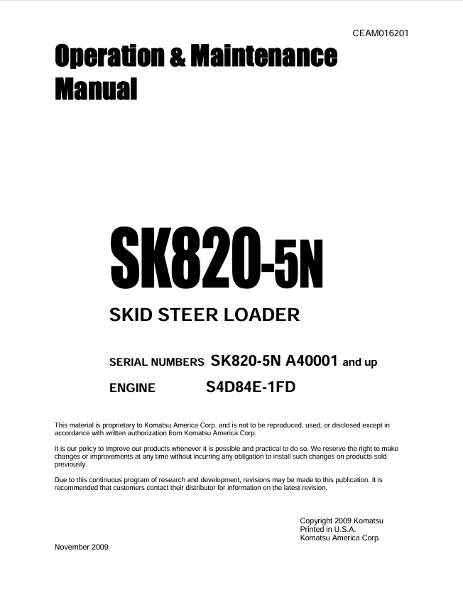 KOMATSU SK820-5N Skid Steer Loader Operation & Maintenance Manual