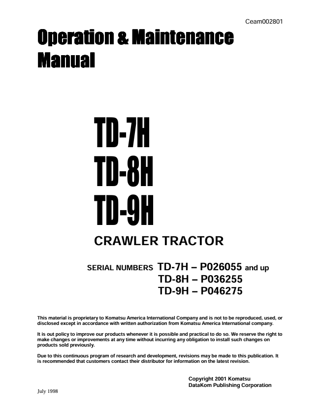 KOMATSU TD-7H, TD-8H, TD-9H Crawler Tractor Manual PDF