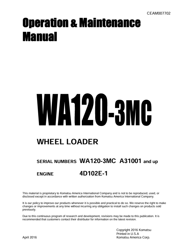 KOMATSU WA120-3MC Wheel Loader Operation & Maintenance Manual PDF