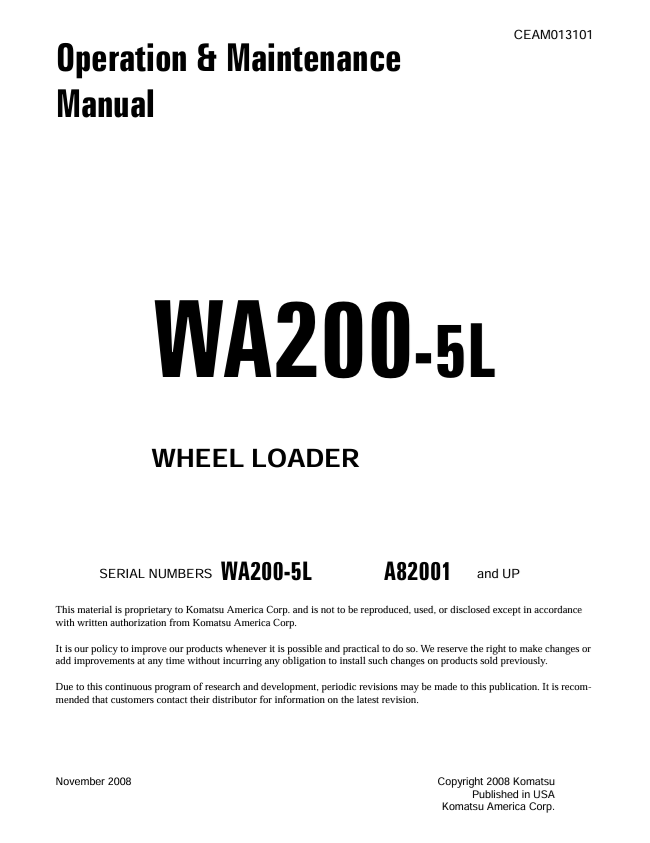 KOMATSU WA200-5L Wheel Loader Operation & Maintenance Manual PDF
