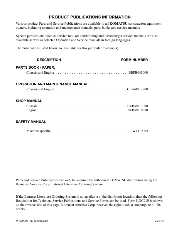 KOMATSU WA200PT-5L Operation and Maintenance Manual Download PDF