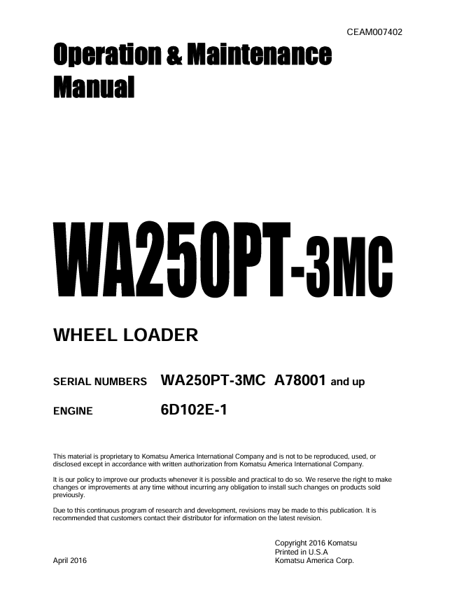 KOMATSU WA250PT-3MC Wheel Loader Operation & Maintenance Manual PDF