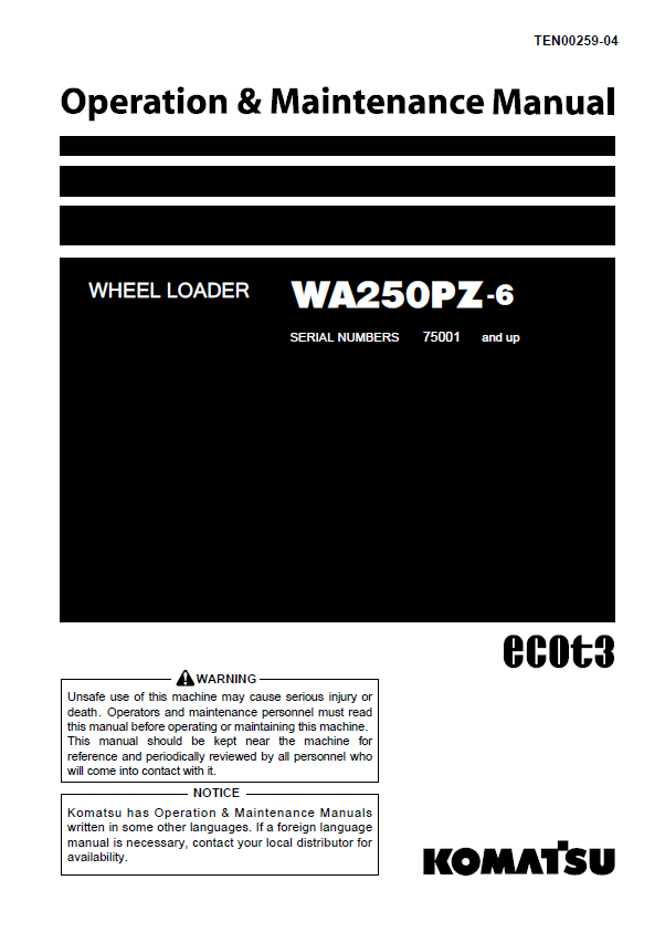 KOMATSU WA250PZ-6 Wheel Loader Operation & Maintenance Manual PDF