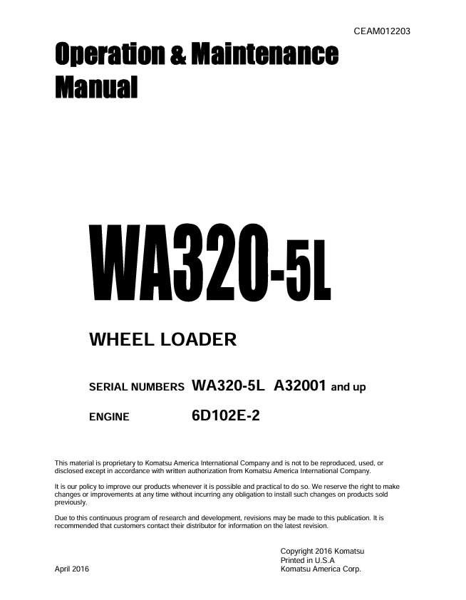 KOMATSU WA320-5L Wheel Loader Operation & Maintenance Manual PDF