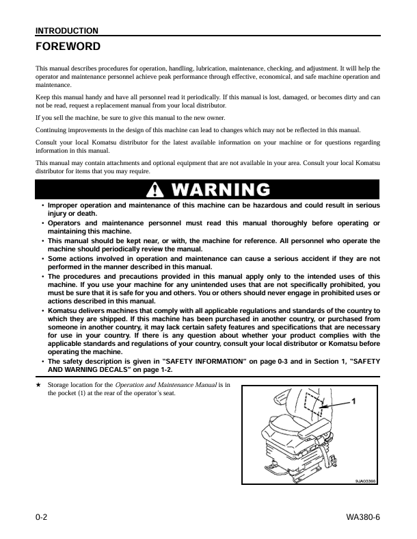 KOMATSU WA380-6 Wheel Loader Operation Manual PDF