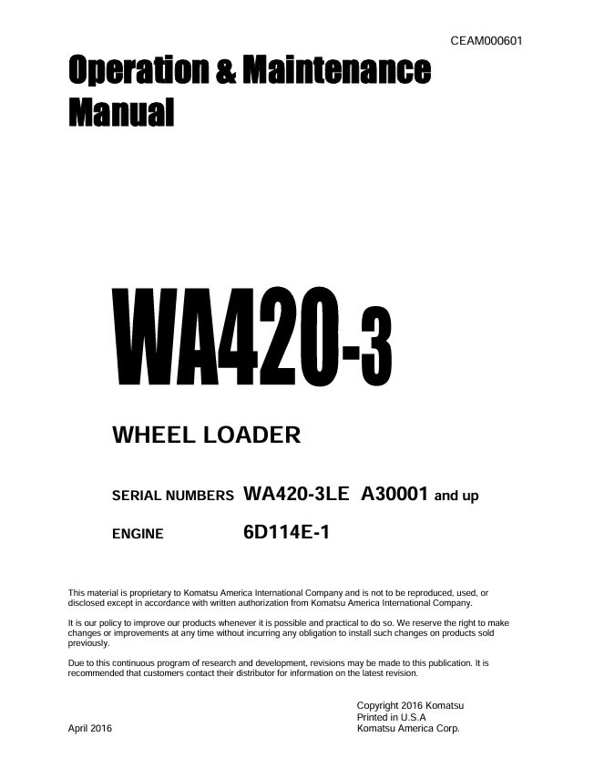 KOMATSU WA420-3 Wheel Loader Operation & Maintenance Manual 