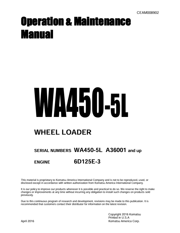 KOMATSU WA450-5L Wheel Loader Operation & Maintenance Manual PDF