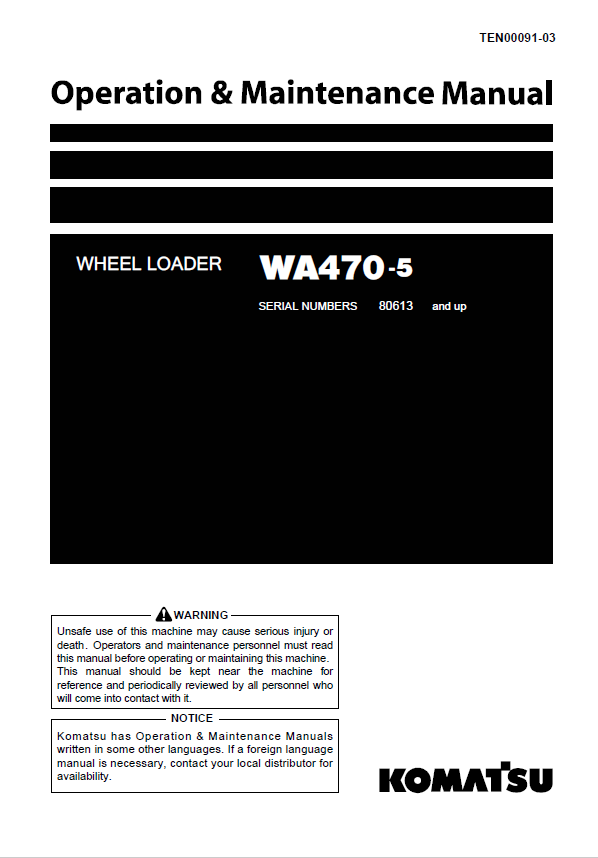 KOMATSU WA470-5 Wheel Loader Operation & Maintenance Manual PDF