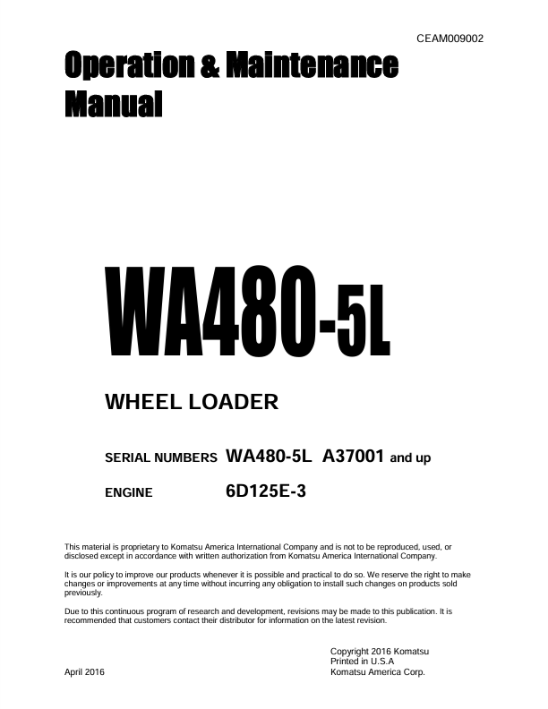 KOMATSU WA480-5L Wheel Loader Operation & Maintenance Manual PDF