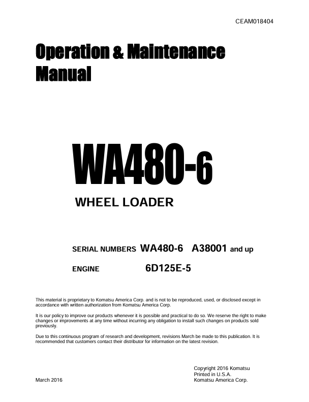KOMATSU WA480-6 Wheel Loader Operation & Maintenance Manual PDF