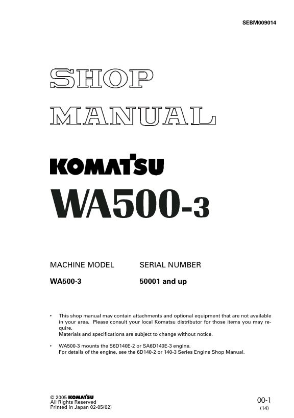 KOMATSU WA500-3 Shop | Wheel Loader Parts & Repair