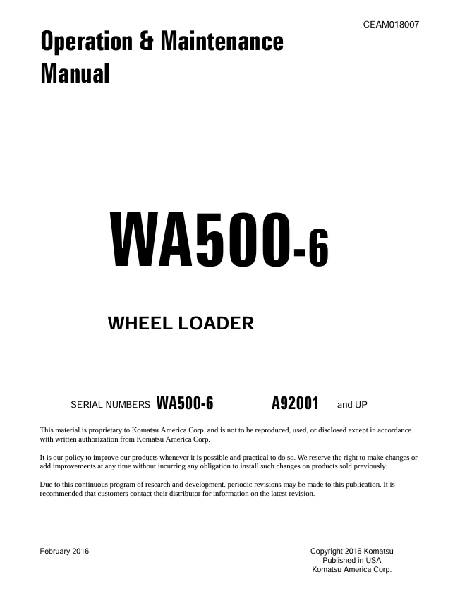 KOMATSU WA500-6 Wheel Loader Operation & Maintenance Manual PDF