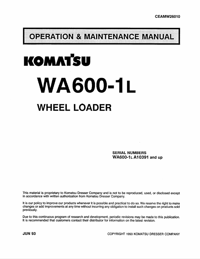 KOMATSU WA600-1L Wheel Loader Operation & Maintenance Manual PDF