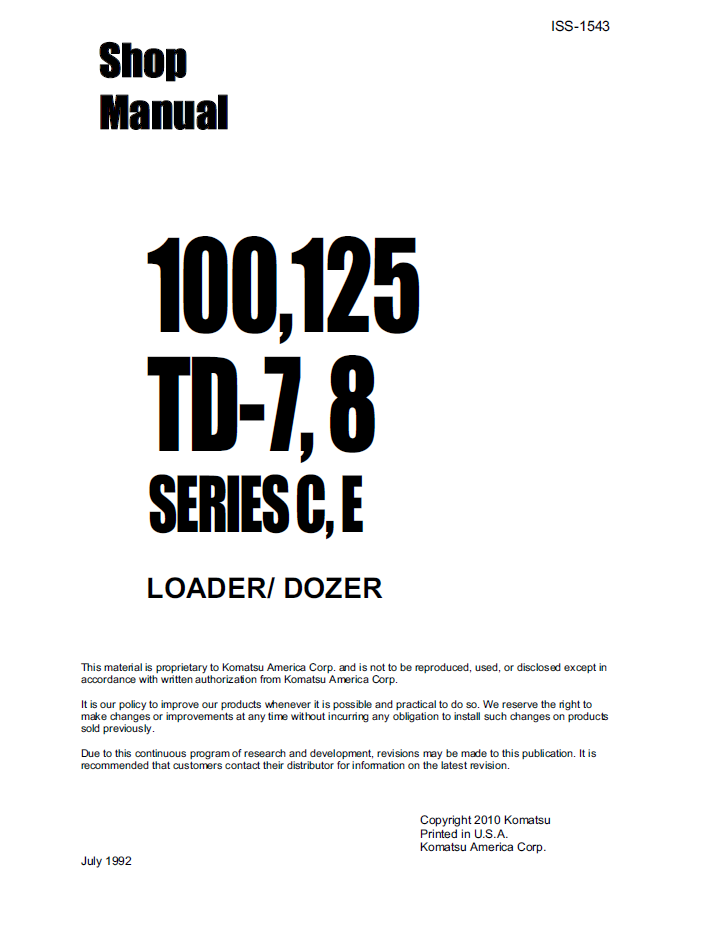 Komatsu 100, 125 TD-7, 8 Series Dozer Official Shop Manual - ISS-1543 PDF