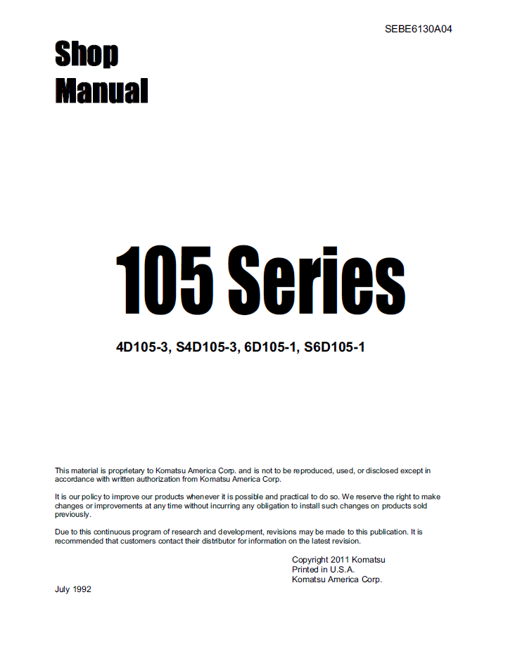 Komatsu 105 Series Diesel Engine Shop Manual SEBE6130A04