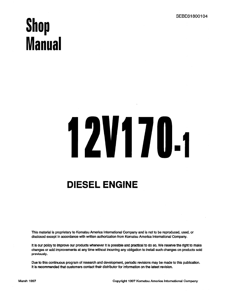 Komatsu 12V170-1 Diesel Engine Shop Manual SEBD61800104