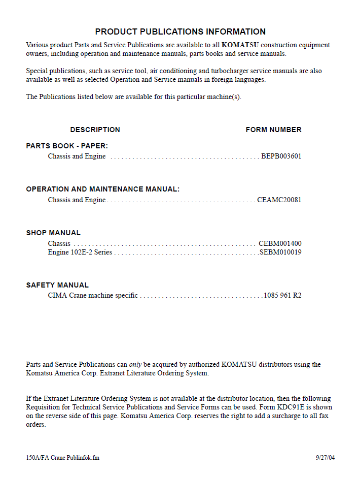 Komatsu 150A/FA Hydraulic Crane Repair Manual CEBD001400 PDF