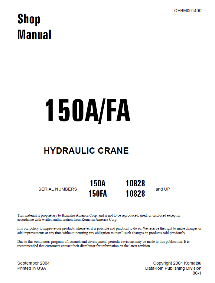 Komatsu 150A/FA Hydraulic Crane Shop Manual CEBD001400 PDF