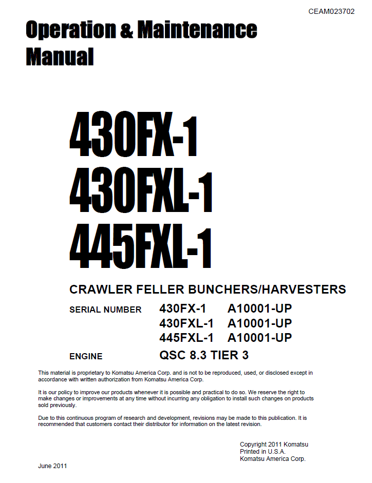 Komatsu 430FX-1 430FXL-1 445FXL-1 Harvester Manual CEAM023702