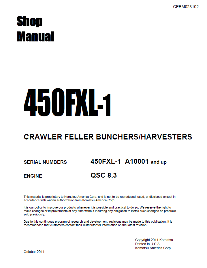 Komatsu 450FXL-1 Crawler Feller Buncher/Harvester Shop Manual CEBM023102 PDF