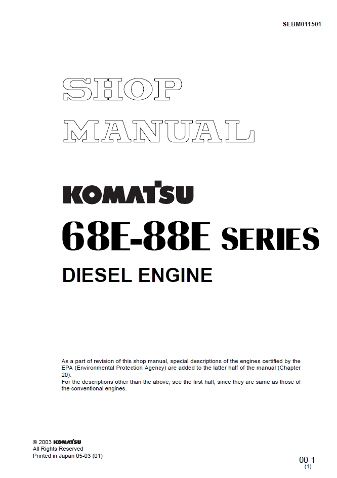 Komatsu 68E-88E Diesel Engine Shop Manual SEBM011501 PDF