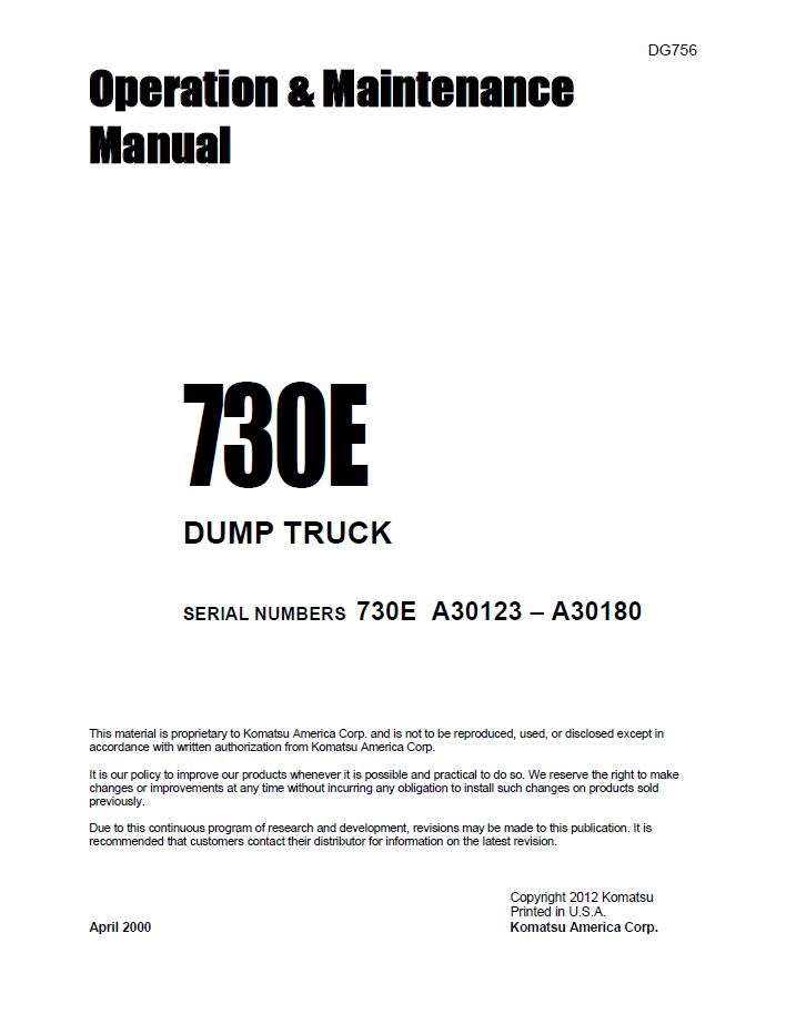Komatsu 730E Dump Truck Official Operation & Maintenance Manual - DG756 PDF